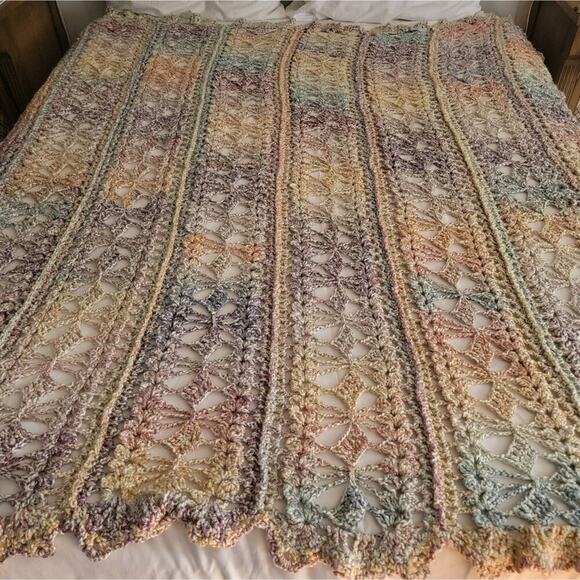Vintage Handmade Crochet Lap Throw Blanket Soft Watercolor Afghan 78" X 62" - Picture 2 of 7